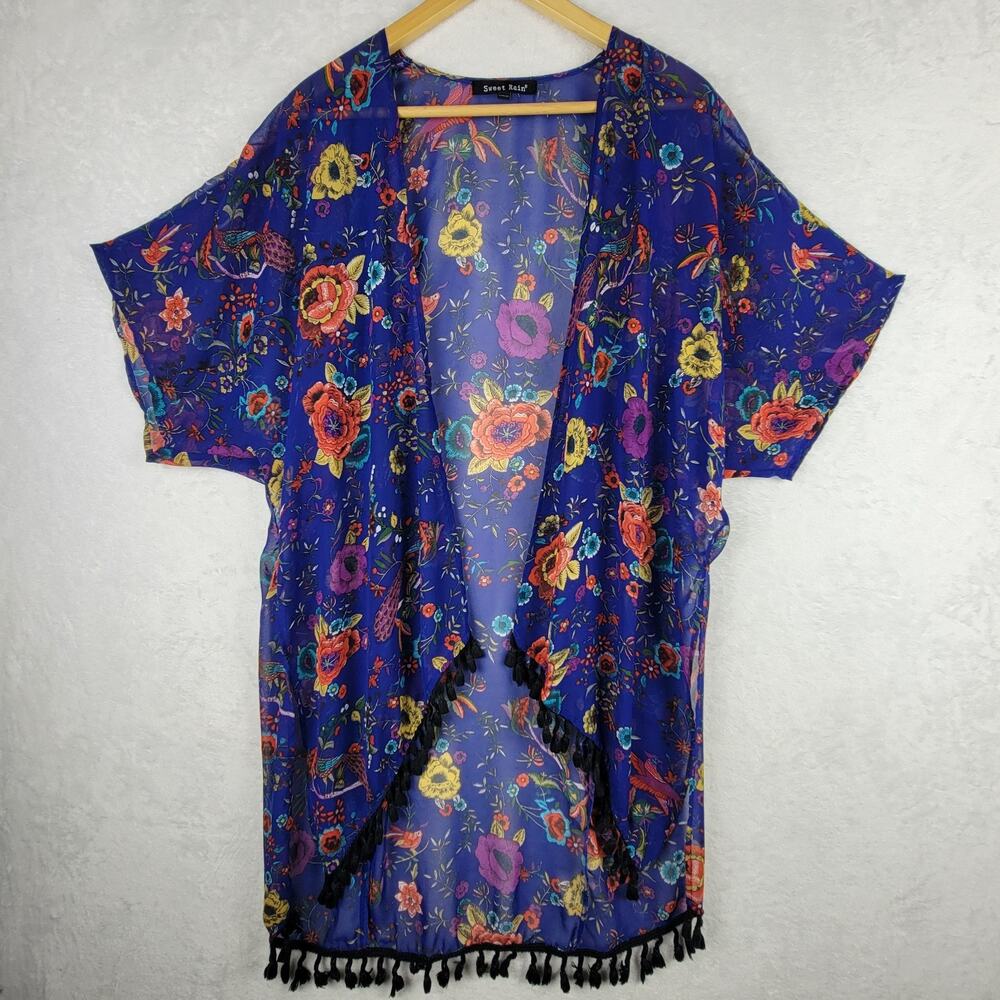 Cottagecore Sz L Kimono Cover Up Blue Colorful Floral Beachy Resort Swimwear